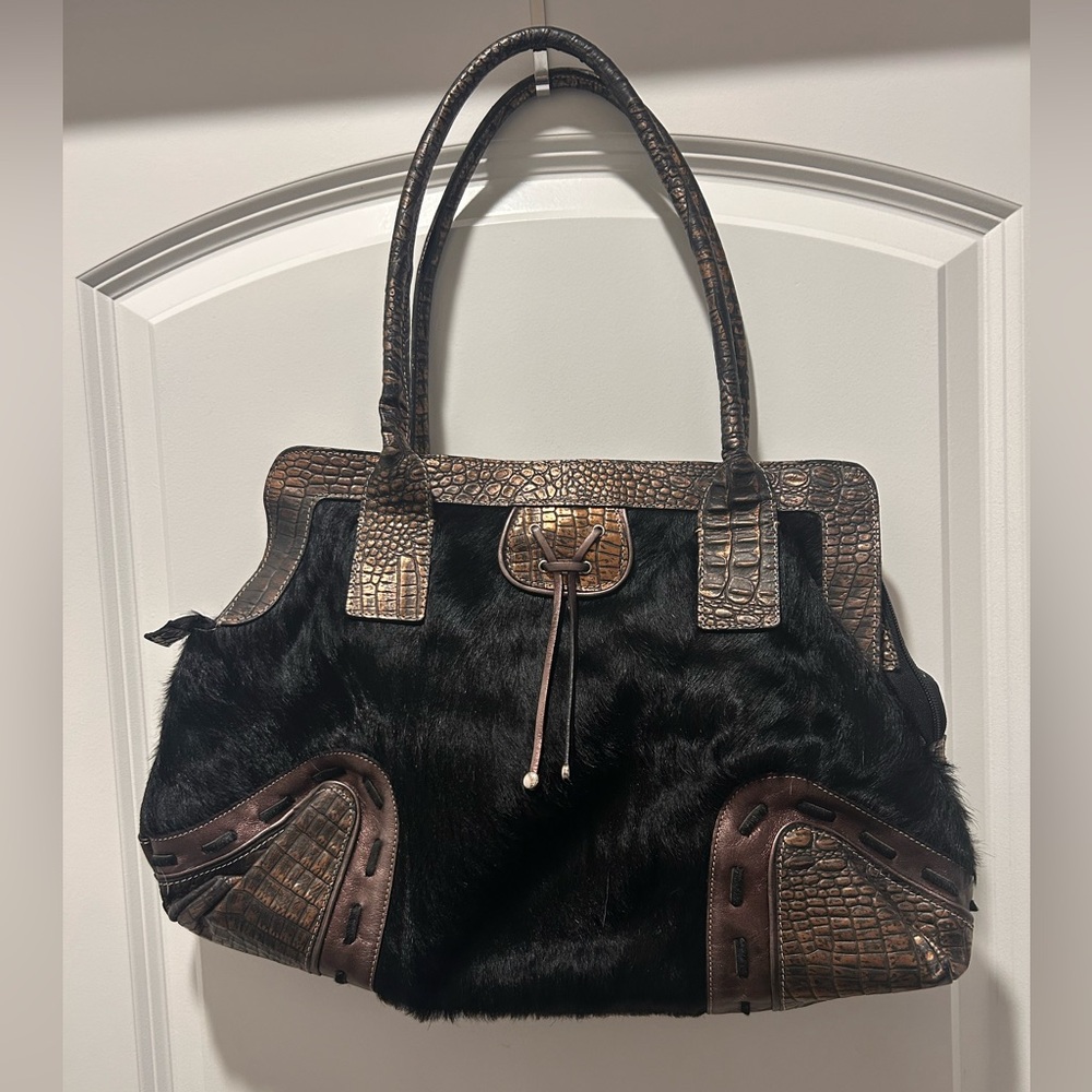 Cavalcanti black leather and calf hair zippered satchel